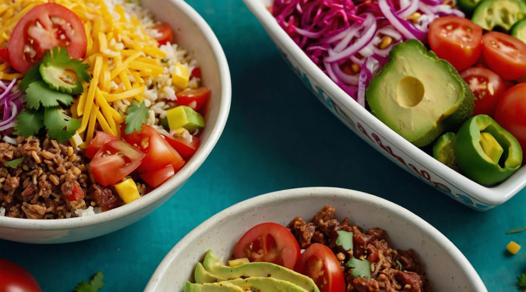 Trois bols-repas sains avec du riz brun, des tomates, de l'avocat et du fromage râpé.