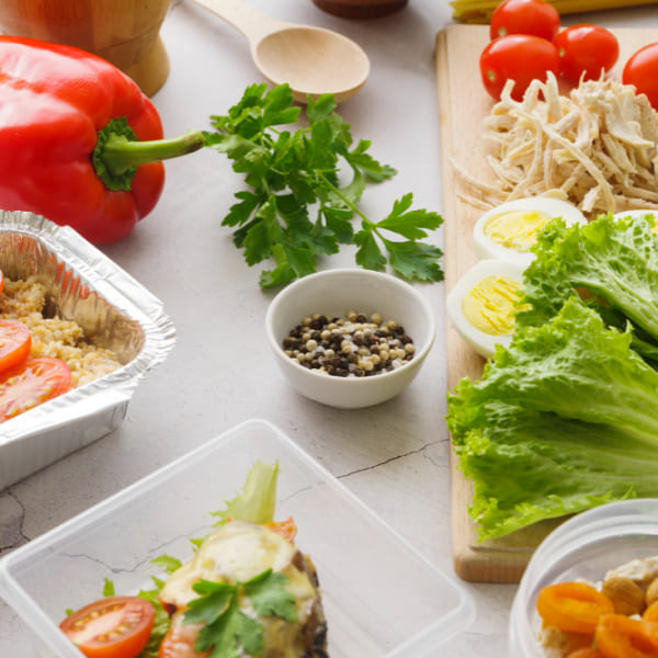 Ingrédients frais pour la préparation de repas sains avec du poulet, des œufs, de la laitue et des poivrons.