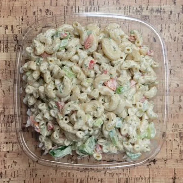 Un bol de salade de macaroni avec des légumes, étiqueté comme "Meilleur repas prêt-à-manger".